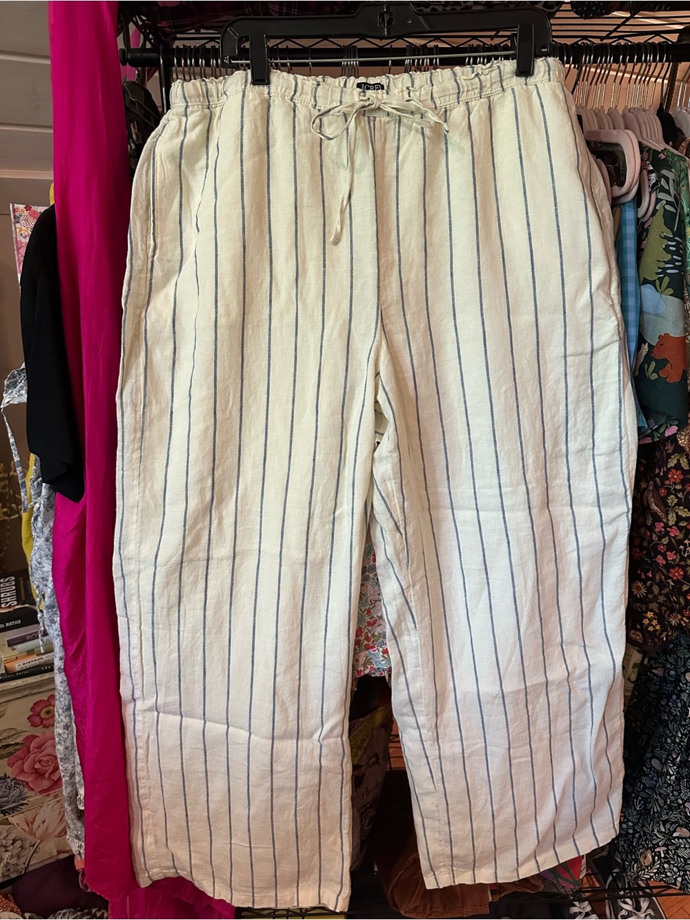 J. Crew Linen Soleil Pants Moonlight & French Blue Stripes Pockets XL NWT